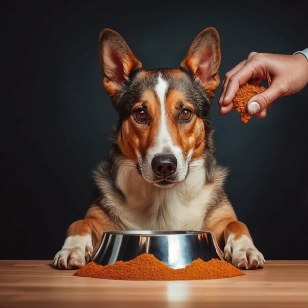 Vida doméstica con mascota Alimentando al hambriento labrador retriever El dueño le da a su perro un cuenco de granulado