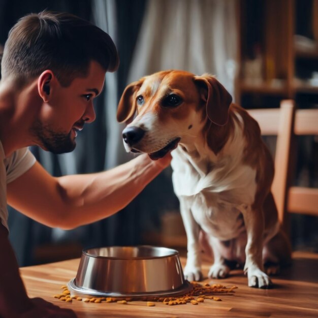 Vida doméstica con mascota Alimentando al hambriento labrador retriever El dueño le da a su perro un cuenco de granulado