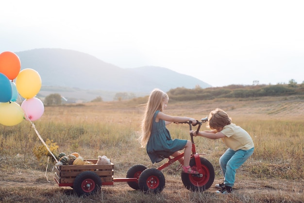 Vida ecológica Concepto de agricultor para niños Infancia despreocupada hija e hijo trabajando en la granja