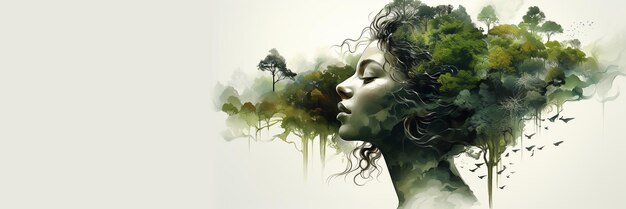 Vida estilo ecológico Apoio à saúde mental Ilustração em aquarela de mulher com plantas verdes Banner