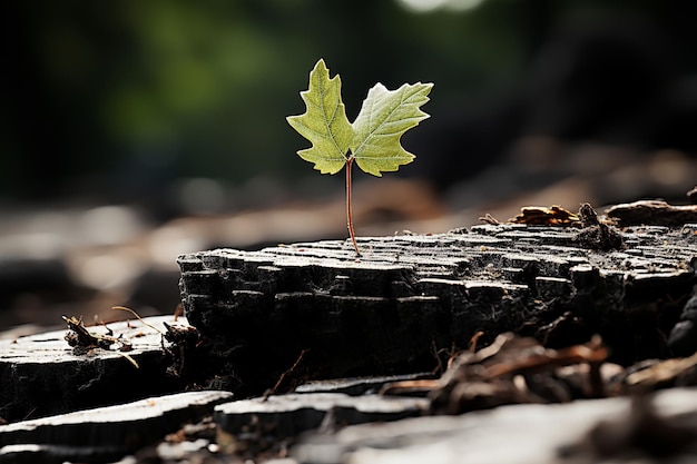 Vida hoja verde renovada que emerge de un tronco podrido La resiliencia y la belleza de la naturaleza en exhibición IA generativa