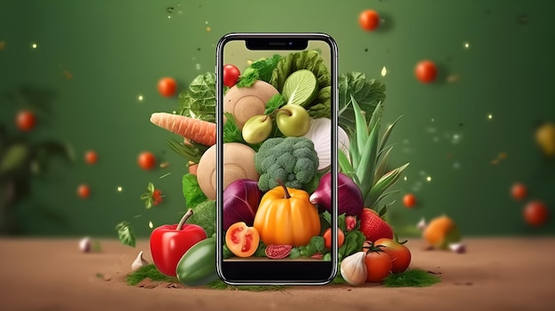 vida inmóvil con frutas y verduras en la pantalla del móvil