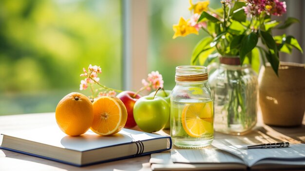 vida inmóvil con manzana limón y un frasco de jugo en el alféizar de la ventana.