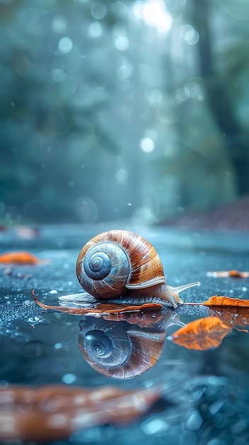 Foto vida lenta en la naturaleza camino de caracol en una mañana de niebla un concepto fotográfico realista de un caracol que deja g