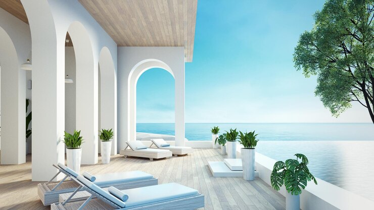 Vida de lujo en la playa con vista al mar renderización 3d