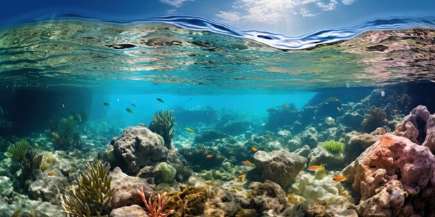 Vida marina bajo el agua de mar superficie del agua esponja de mar diferentes peces fondos marinos cielo azul