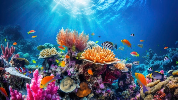 Vida marina tropical bajo el agua en un brillante y colorido paisaje de arrecifes de coral