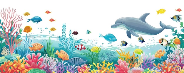 Vida marina vibrante arrecifes de coral saludables delfines y peces tropicales en aguas cristalinas bajo la cálida luz del sol ilustrados al estilo de un libro para niños