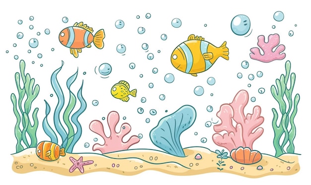 vida marinha com peixes ilustração rabiscada fundo branco