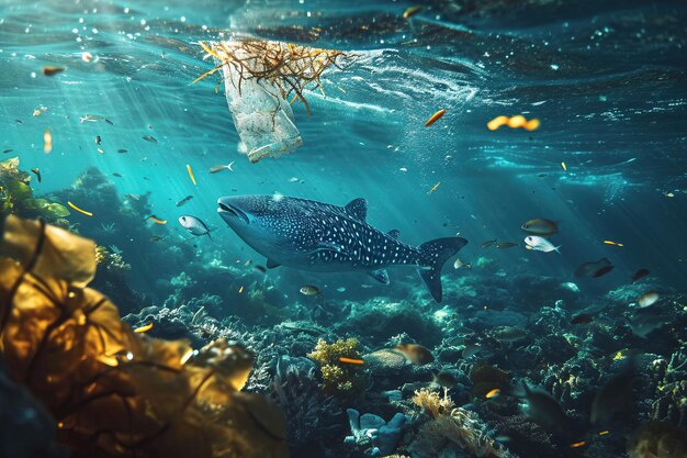 Foto vida marinha enredada ou prejudicada por resíduos plásticos num ambiente subaquático problema de poluição plástica