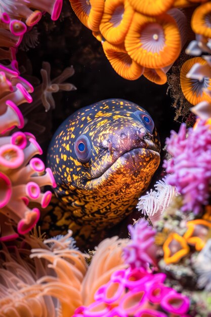 Foto vida marinha vibrante morena enguia peek a boo entre coloridos recifes de coral e anêmonas nas águas oceânicas