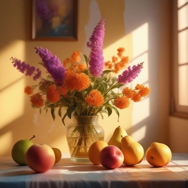 Vida morta com flores e frutas num vaso