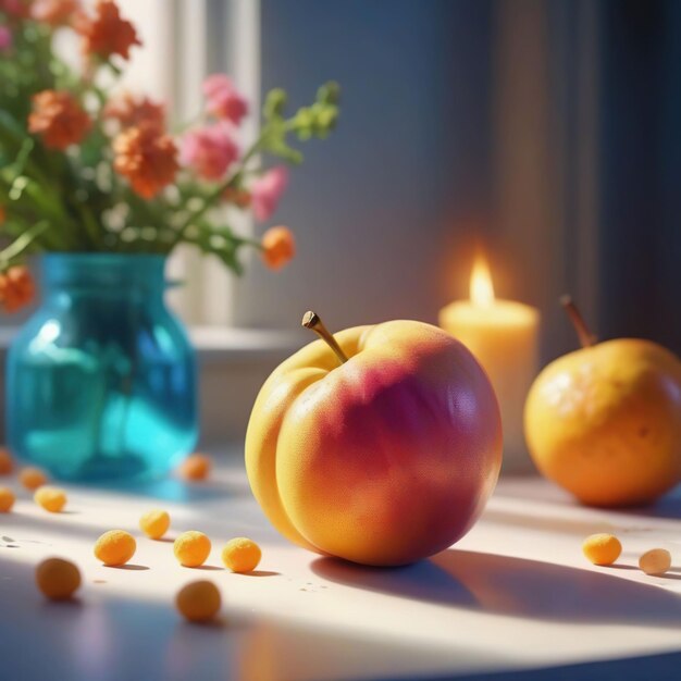 Foto vida morta com flores e frutas num vaso