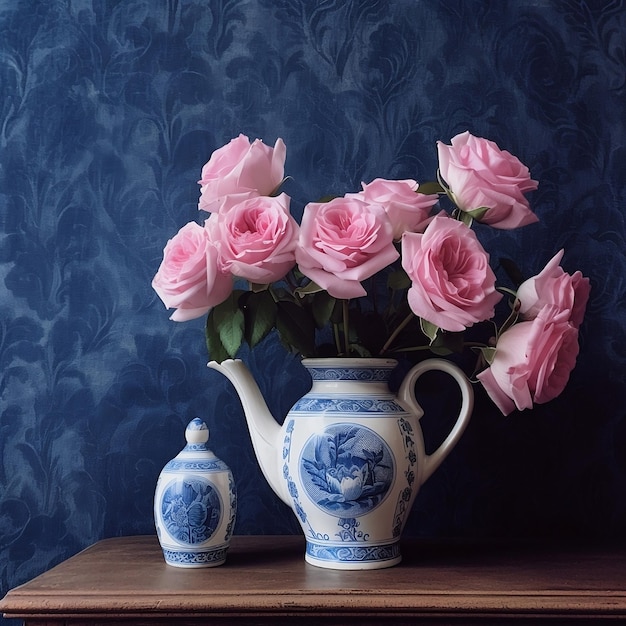 vida morta com flores e rosas rosas com uma jarra