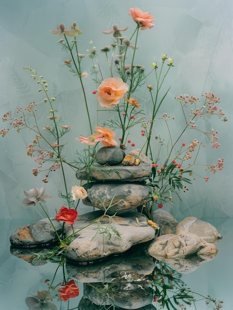 Foto vida morta com pedras água e flores