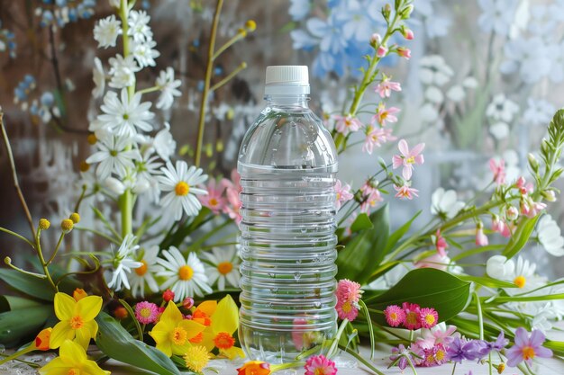 Vida morta de garrafa de água cercada por flores de primavera