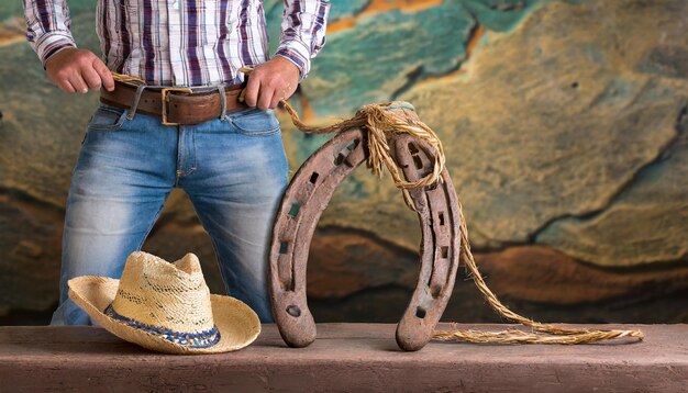 Foto vida morta do oeste americano com velha ferradura e laço de cowboy