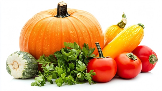 Vida muerta con calabaza y verduras frescas aisladas