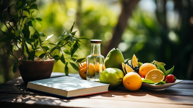 Vida muerta con frutas y un libro en una mesa en el jardín.