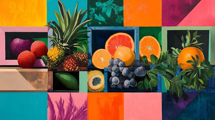 Vida muerta con frutas tropicales y uvas en una composición geométrica