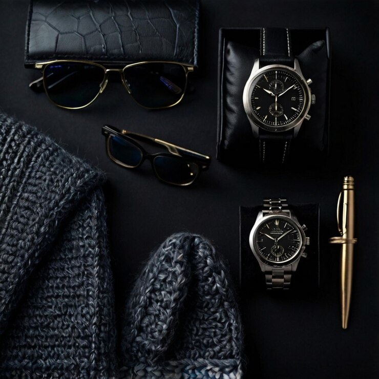 Vida muerta de un hombre casual Accesorios masculinos modernos sobre un fondo negro