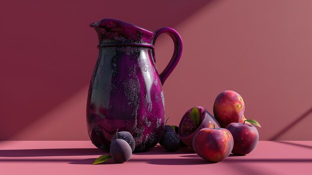 Foto vida muerta con un jarrón púrpura y frutas sobre un fondo rosa el jarrón está sentado en una mesa junto a una pila de frutas, incluidas manzanas y ciruelas