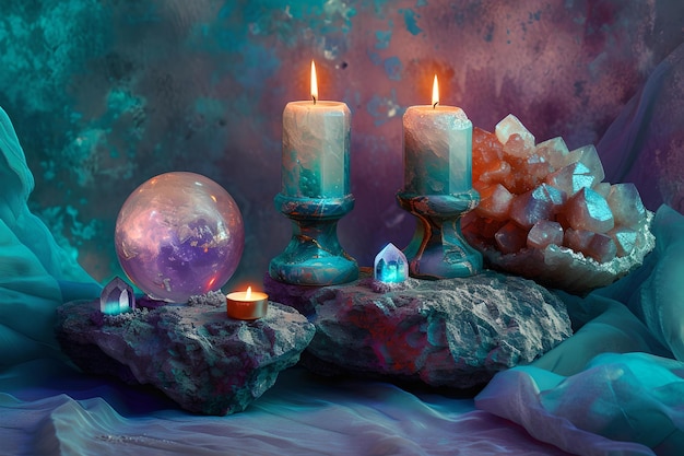 Vida muerta mística con velas brillantes y bola de cristal rodeada de piedras preciosas atmósfera etérea y mágica entorno ritual esotérico o de meditación IA