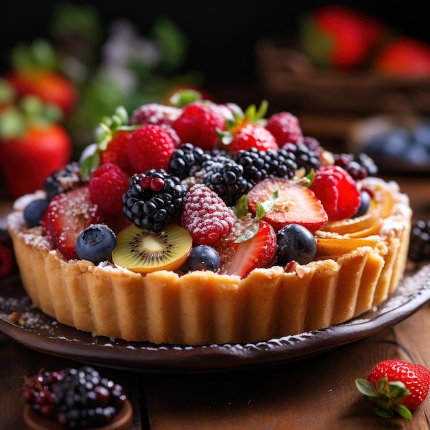 vida muerta de una tarta de fruta rústica con una corteza de almendra desmenuzable y una disposición colorida de bayas