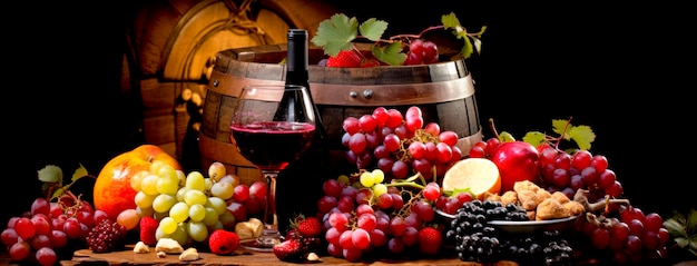Foto vida muerta con vasos de vino rojo y uvas
