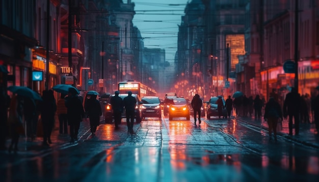 Vida na cidade em movimento, chuva e tráfego gerados por IA