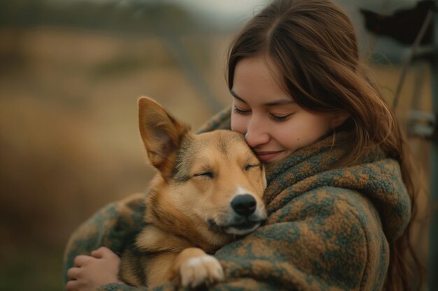 Foto vida na fazenda mulher sorridente segura um cachorro canidae um companheiro feliz em seus braços