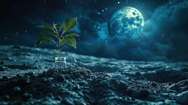 Vida no terreno lunar Planta que cresce em frasco de vidro