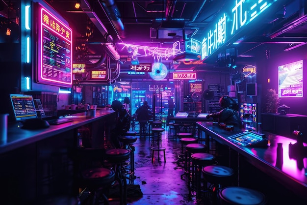 Vida nocturna ciberpunk con clubes brillantes pantallas holográficas y letreros de neón Noche ciberpunk vibrante