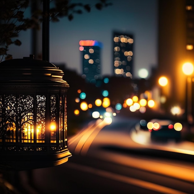 La vida nocturna de la ciudad con farolas y luces borrosas bokeh efecto vector hermoso fondo