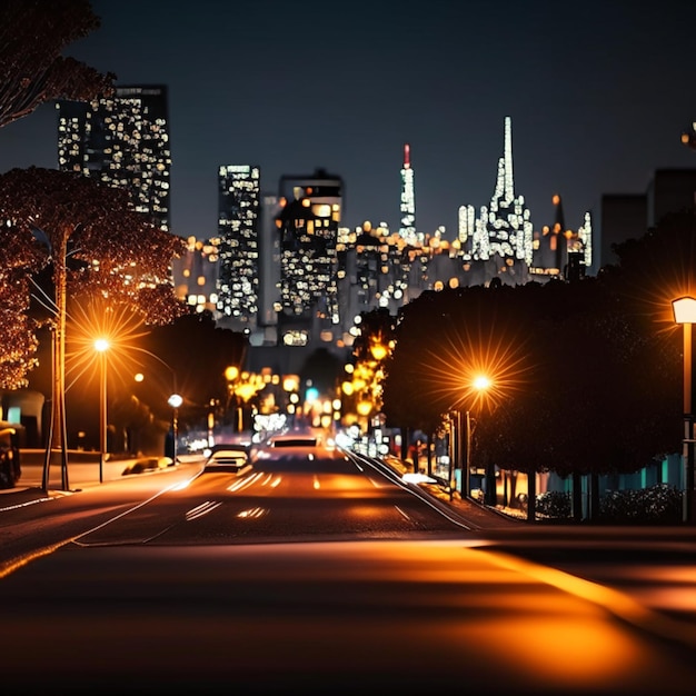 Foto vida noturna da cidade com lâmpadas de rua e luzes borradas bokeh efeito vetor fundo bonito