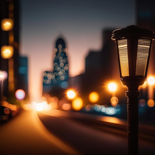 Vida noturna da cidade com lâmpadas de rua e luzes borradas bokeh efeito vetor fundo bonito