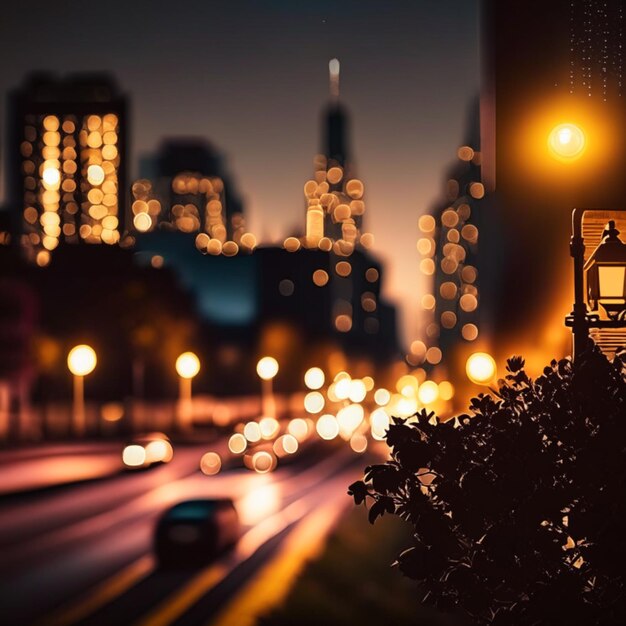 Foto vida noturna da cidade com lâmpadas de rua e luzes borradas bokeh efeito vetor fundo bonito