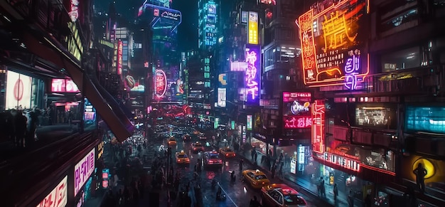 Vida noturna vibrante em uma cidade futurista movimentada iluminada por luzes de néon durante uma noite chuvosa cheia de pedestres e táxis