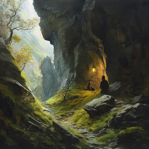 Una vida pacífica de un ermitaño en el aislamiento tranquilo de una cueva de montaña generada por la IA