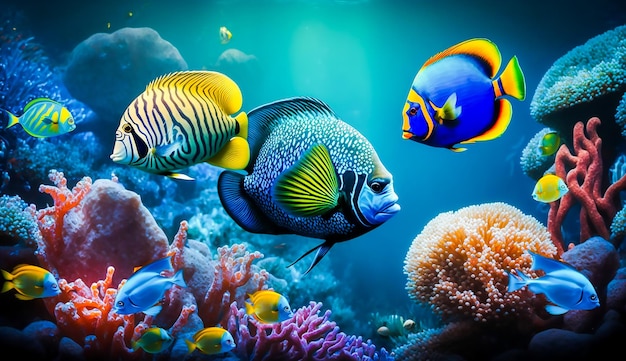 Foto vida de peces tropicales coloridos en los arrecifes de coral animales del mundo marino submarino ia generativa