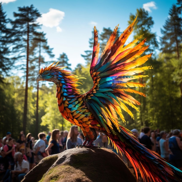 Foto vida real trexbirddragon longas penas coloridas penas braços listras de tigre coloridas no corpo