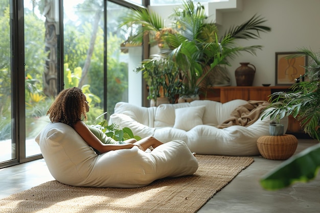 Foto la vida sostenible se muestra en un interior de casa ecológico y brillante