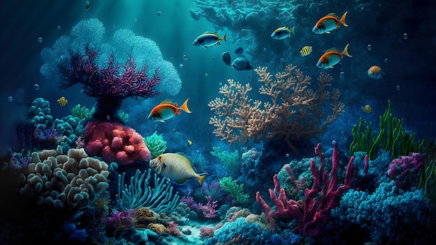 La vida submarina tropical de un fondo de pantalla de arte generado por la red neuronal de un arrecife de coral