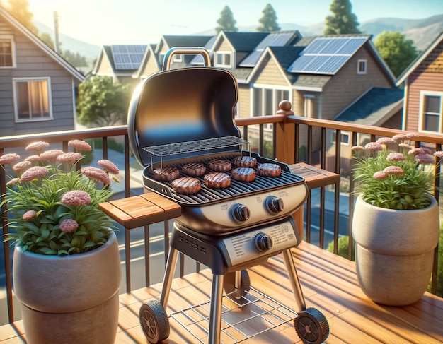 Foto vida sustentável com uma reunião de churrasco no telhado na hora dourada