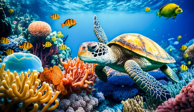 Foto vida de las tortugas en los arrecifes de coral animales del mundo marino submarino ia generativa