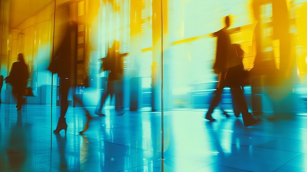 Vida urbana dinámica capturada en movimiento Gente caminando rápidamente a través de un moderno corredor de vidrio que refleja el ritmo rápido de la vida en la ciudad ideal para el uso de fondo AI