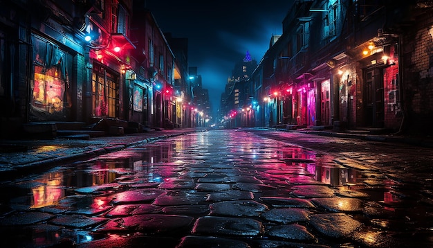 Foto vida vibrante de la ciudad por la noche iluminada por coloridas luces de neón generadas por ia