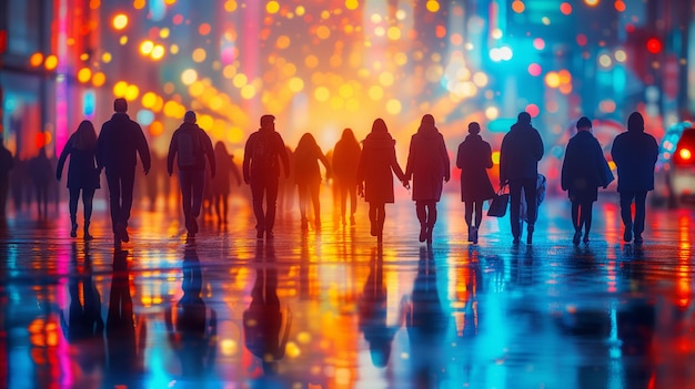 Foto vida vibrante de la ciudad siluetas de personas caminando por la calle lluviosa por la noche