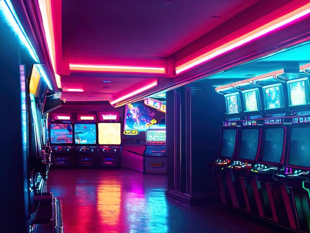 Video-Arcade-Innenraum mit Neonlicht und generativer KI