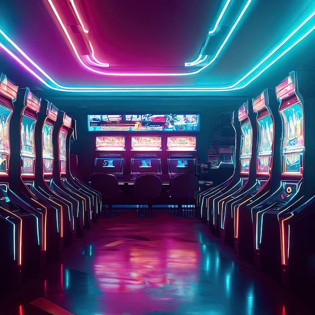 Video-Arcade-Innenraum mit Neonlicht und generativer KI